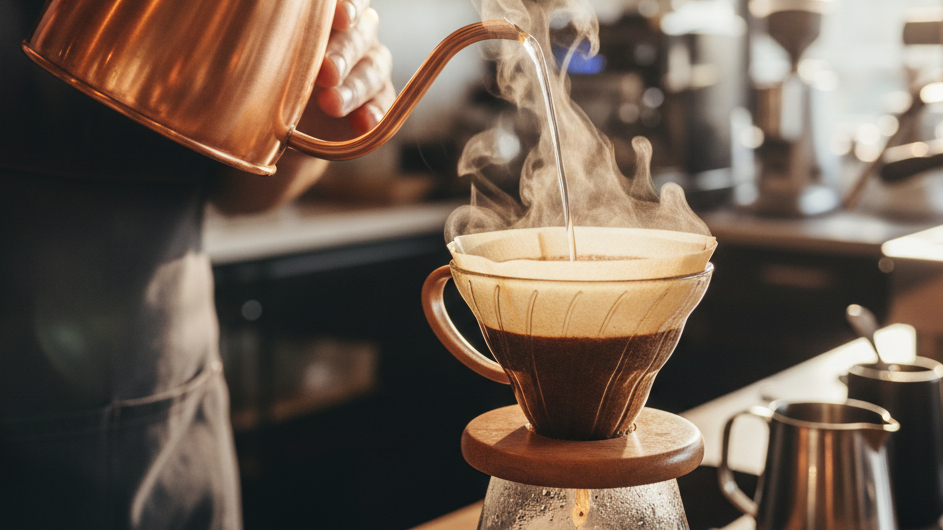 generate a 3 second video, a close up a baritas making a pour over
